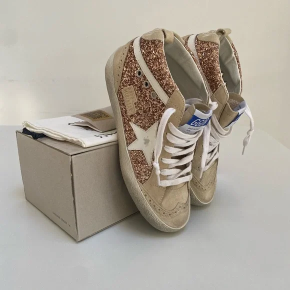 Golden Goose Mid Star Sneaker Rose Gold Glitter/Beige Leather/Suede 39 New Box - Picture 14 of 15